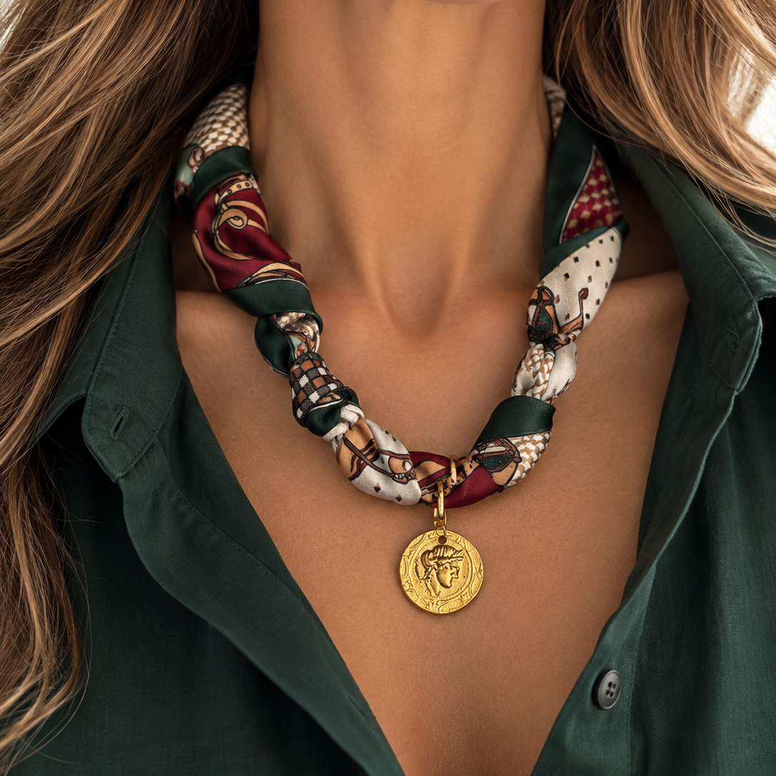 Scarf Necklace with Gold Coin - Forest Green