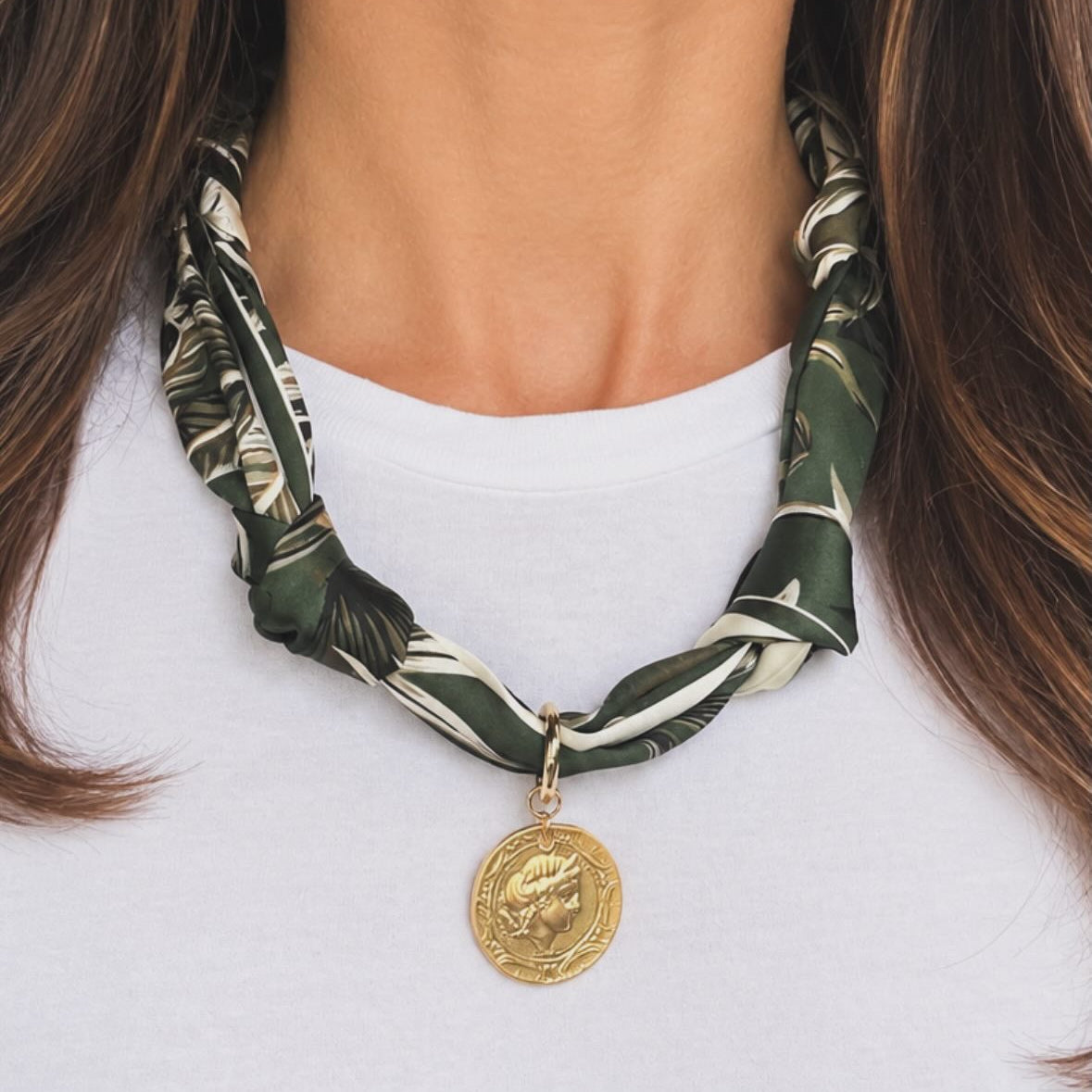 Scarf Necklace with Gold Coin - Green Leaf