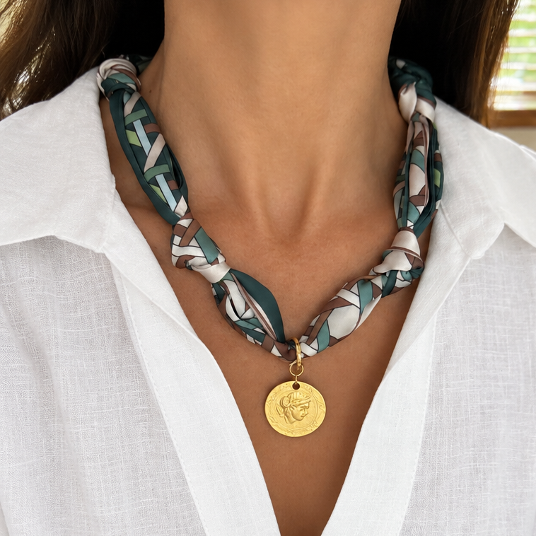 Scarf Necklace with Gold Coin - Green