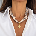 Scarf Necklace with Gold Coin - Light Pink & Brown